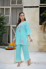 Turquoise Blue Embroidered Kurta Set with Cutwork Detailing | Pakistani Salwar Kameez for Women