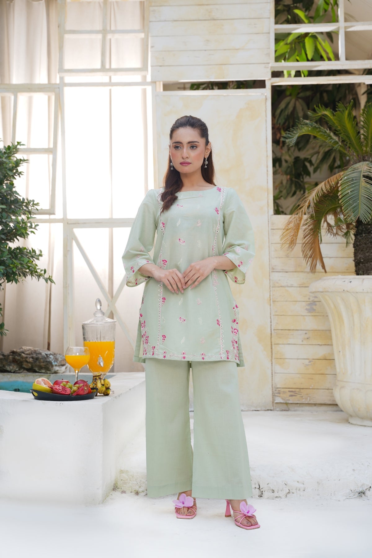 Embroidered Mint Green Kurta Palazzo Set | Casual Summer Ethnic Wear Two-Piece Outfit