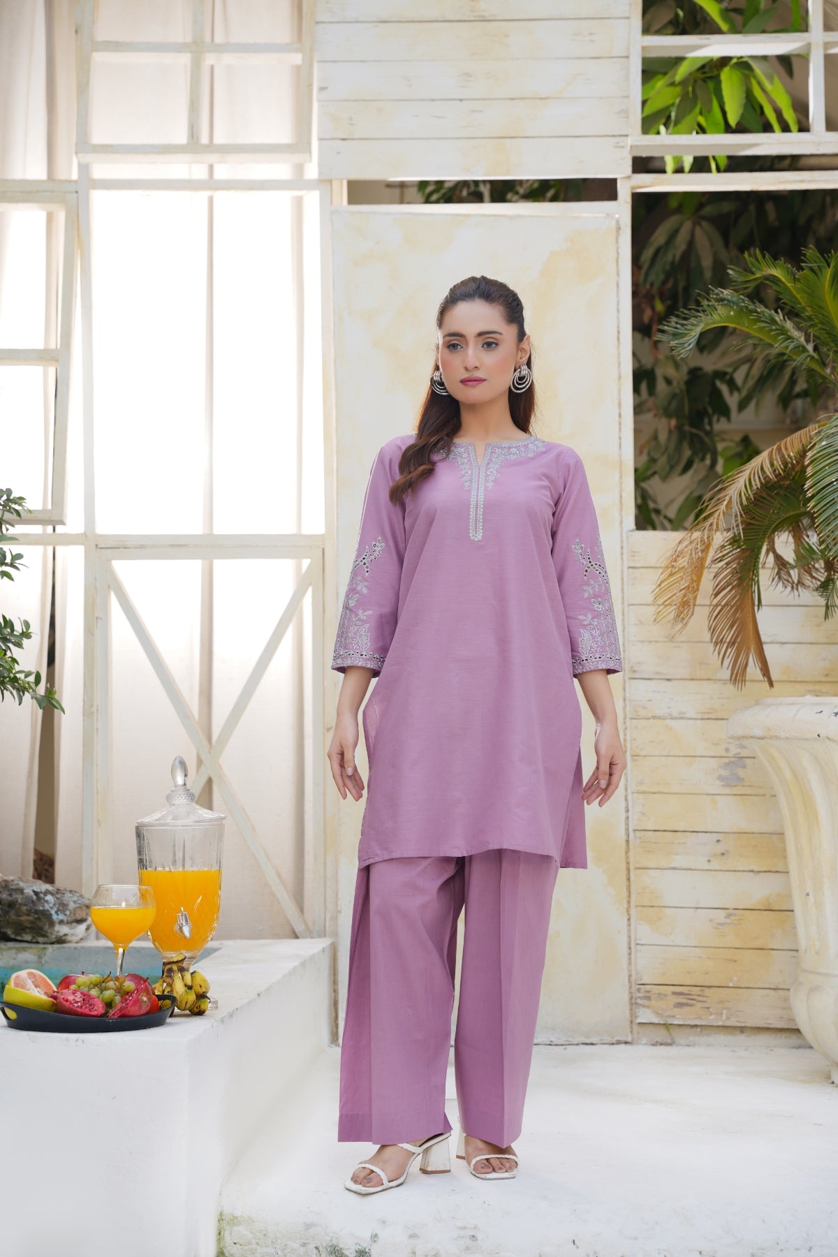 Lavender Straight Cut Kurta Palazzo Pants Set | 3/4 Sleeve Daily Wear Outfit
