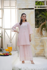 Light Pink Embroidered Kurta Palazzo Set | Cotton Ethnic Co-ord Suit with White Thread Work for Women