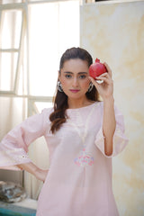 Light Pink Embroidered Kurta Palazzo Set | Cotton Ethnic Co-ord Suit with White Thread Work for Women