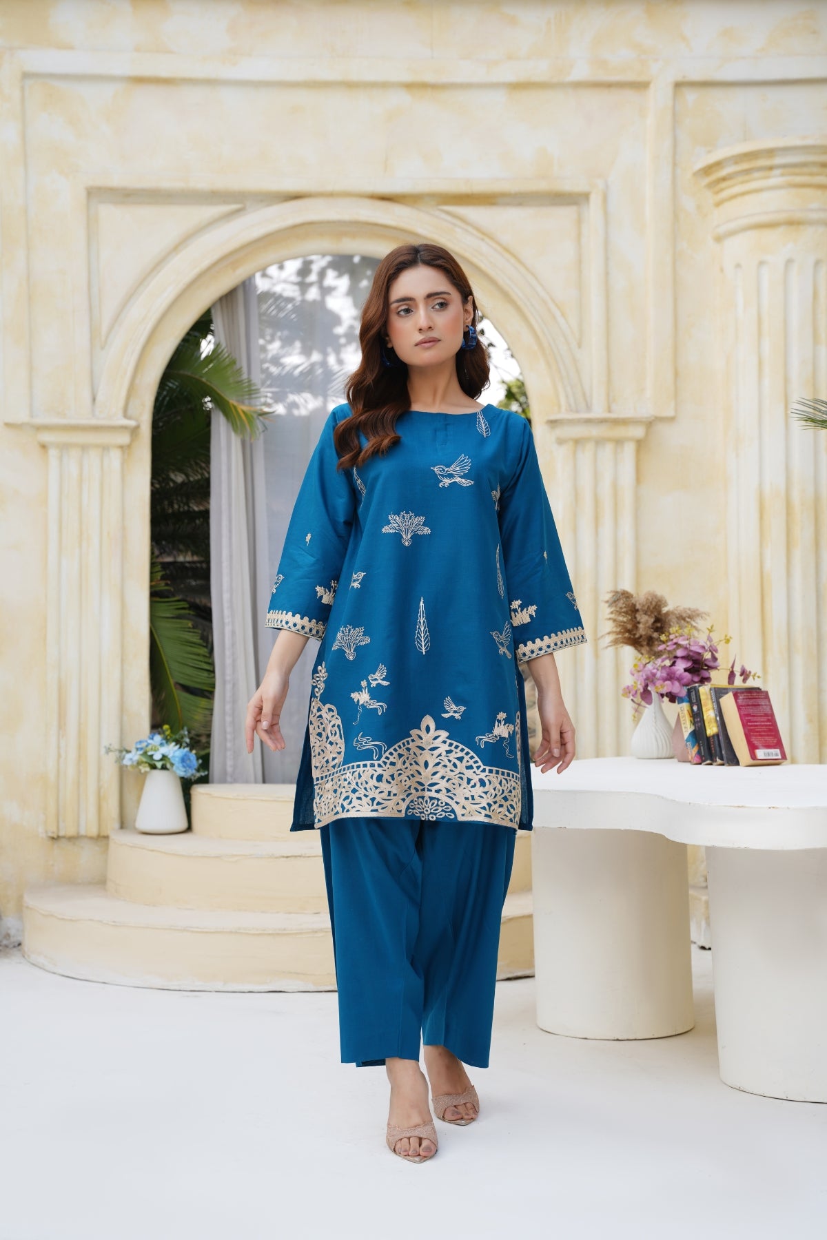 Teal Embroidered Kurta Set with Gold Bird Motifs | Luxury Pret Formal Trouser Suit