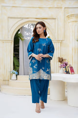 Teal Embroidered Kurta Set with Gold Bird Motifs | Luxury Pret Formal Trouser Suit