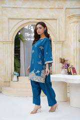 Teal Embroidered Kurta Set with Gold Bird Motifs | Luxury Pret Formal Trouser Suit