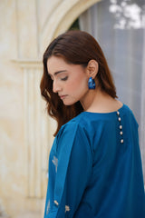 Teal Embroidered Kurta Set with Gold Bird Motifs | Luxury Pret Formal Trouser Suit