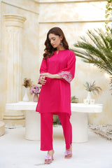 Fuchsia Pink Cotton Kurta Set with Embroidered Cuffs | Straight Pant Ethnic Wear for Women