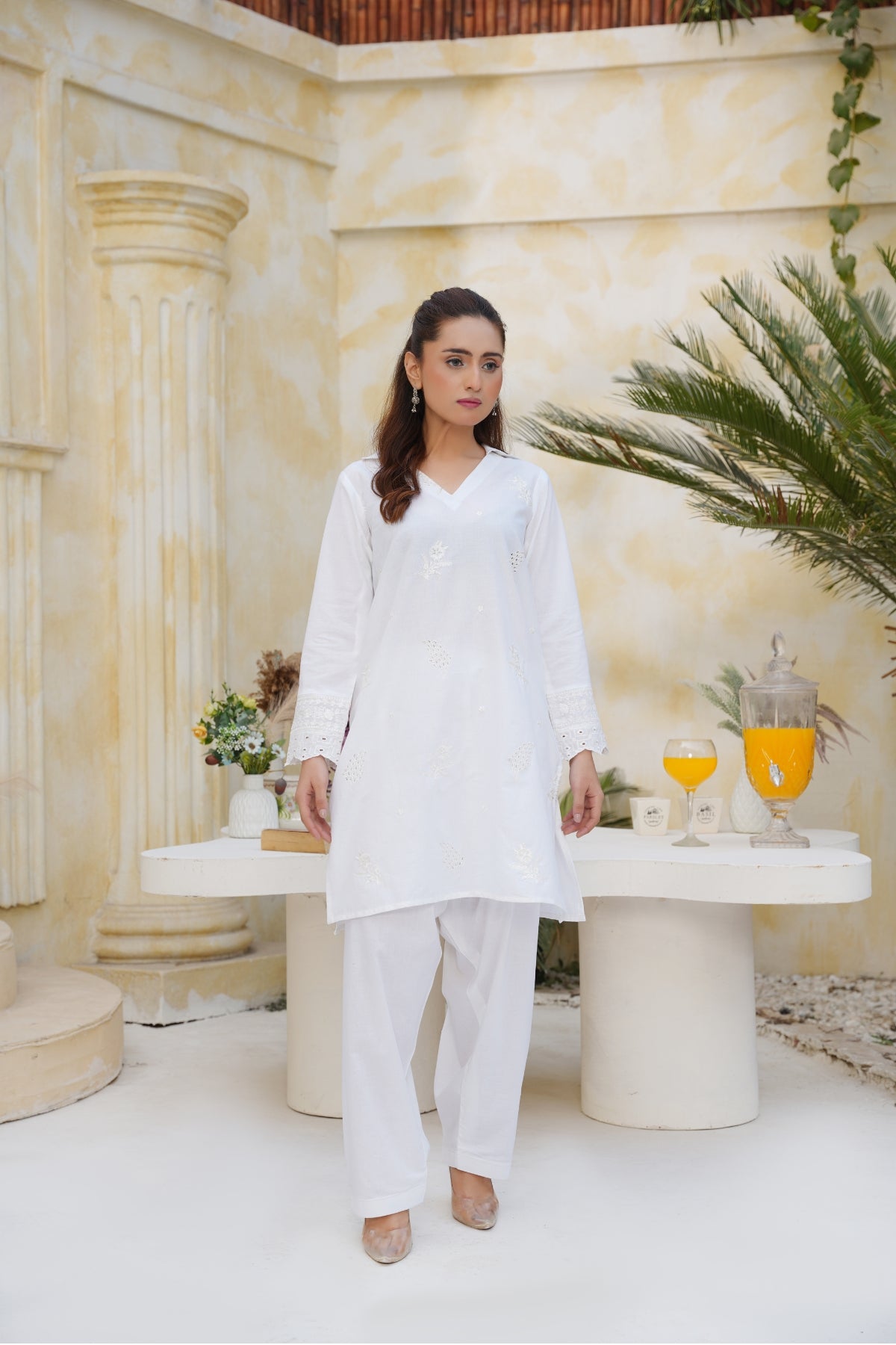 White Chikankari Embroidered Kurta Set with Cutwork Sleeves | Cotton Lawn Suit