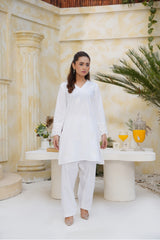White Chikankari Embroidered Kurta Set with Cutwork Sleeves | Cotton Lawn Suit