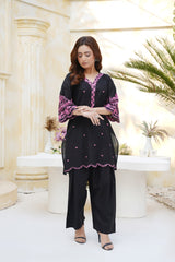 Black Embroidered Cotton Kurta Palazzo Set | Pink Thread Work Ethnic Wear