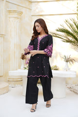 Black Embroidered Cotton Kurta Palazzo Set | Pink Thread Work Ethnic Wear