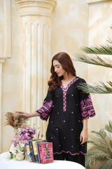 Black Embroidered Cotton Kurta Palazzo Set | Pink Thread Work Ethnic Wear