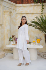 White Chikankari Embroidered Kurta Set with Cutwork Sleeves | Cotton Lawn Suit