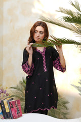 Black Embroidered Cotton Kurta Palazzo Set | Pink Thread Work Ethnic Wear