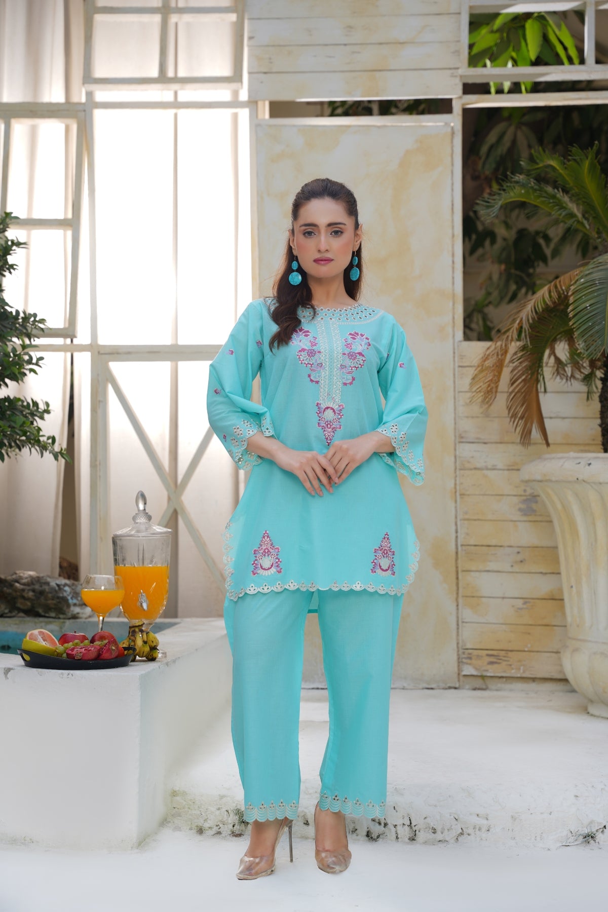 Turquoise Blue Embroidered Kurta Set with Cutwork Detailing | Pakistani Salwar Kameez for Women