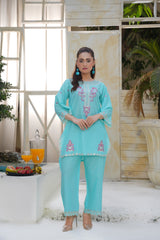 Turquoise Blue Embroidered Kurta Set with Cutwork Detailing | Pakistani Salwar Kameez for Women