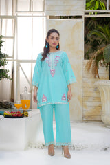 Turquoise Blue Embroidered Kurta Set with Cutwork Detailing | Pakistani Salwar Kameez for Women