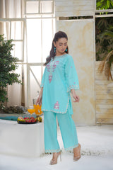 Turquoise Blue Embroidered Kurta Set with Cutwork Detailing | Pakistani Salwar Kameez for Women